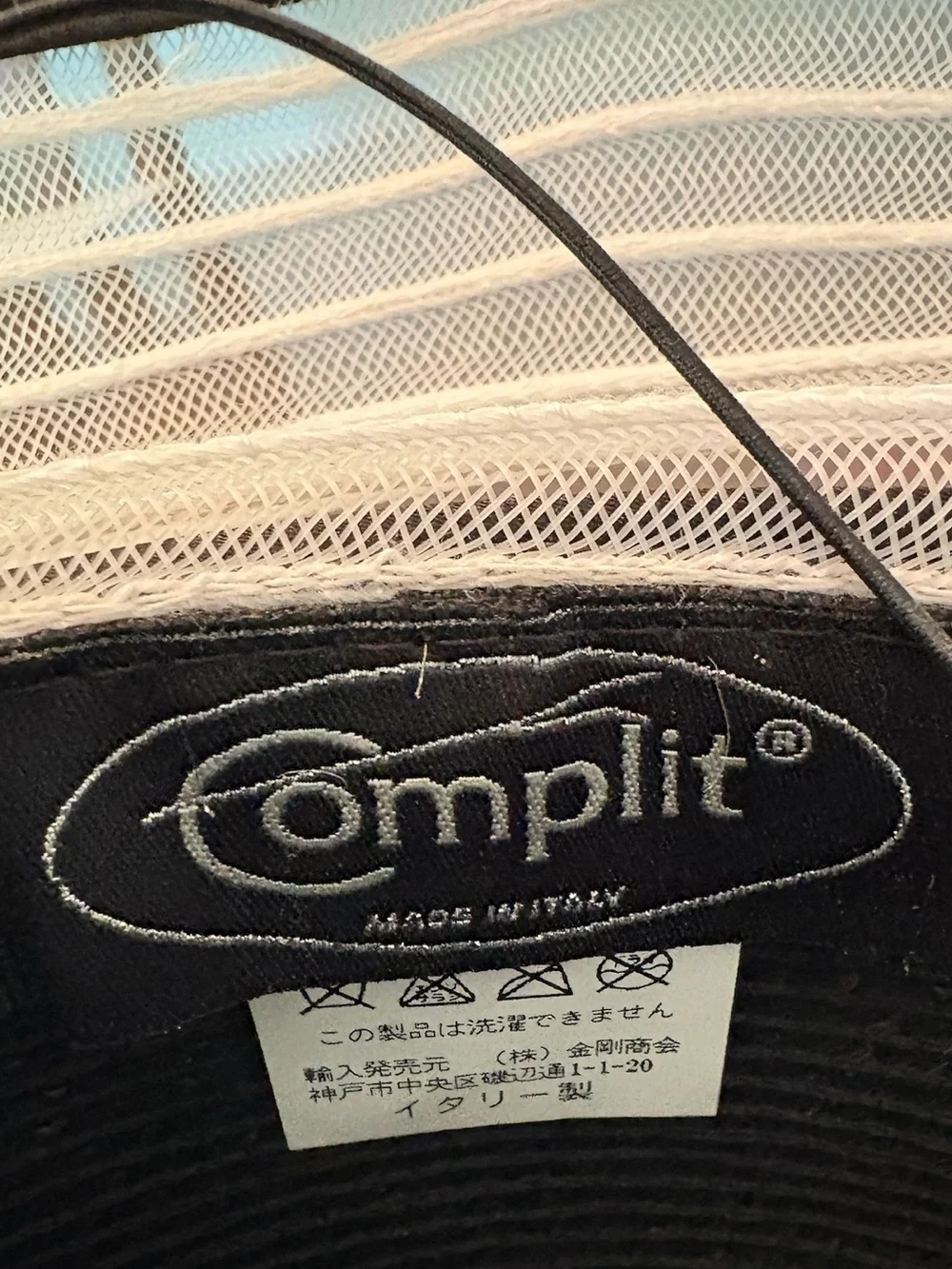 Complit Made in Italy Black Straw Wide Brim Derby Hat White Mesh Ribbon Feather